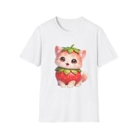 Image 1 of Cute Strawberry Kitten T-Shirt — Adorable Kawaii Cat with Strawberry Hat Tee