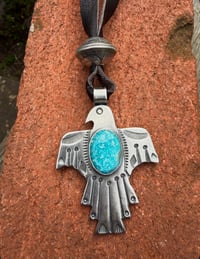 Image 2 of WL&A Handmade Old Style Ingot Blue White Water Thunderbird Pendant w/ Walking Liberty Pearl Top