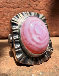 Image 2 of WL&A Old Style Aged Bronze & Sterling Silver Swirl Pink Opal Thunderbird Signet - Size 10