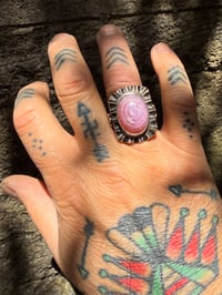 Image 3 of WL&A Old Style Aged Bronze & Sterling Silver Swirl Pink Opal Thunderbird Signet - Size 10