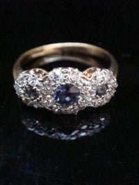 Image 1 of STUNNING QUALITY EDWARDIAN  18CT SAPPHIRE DIAMOND TRIPLE CLUSTER RING