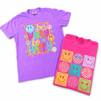Be Happy + Checkered Smiley Neon Comfort Color Tees