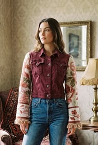 Image 1 of Repurposed Miss Me Denim Jacket with Bohemian Floral Tapestry