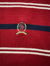 Image 3 of Tommy Hilfiger vintage 90s lion crest logo striped red crewneck sweater 