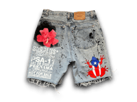 Image 2 of  Levi's 505 Puerto Rican Flag Upcycled Reworked custom Screen Print Denim jorts 