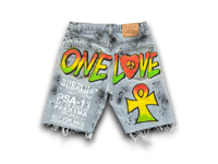 Image 2 of Levi’s 505 Jamaican Flag custom reworked upcycled screen print denim jorts 