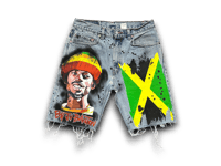 Image 1 of Levi’s 505 Jamaican Flag custom reworked upcycled screen print denim jorts 