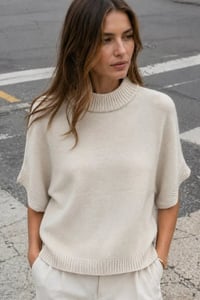 Image 1 of Fine Knit Sweater with High Neck and Short Sleeves