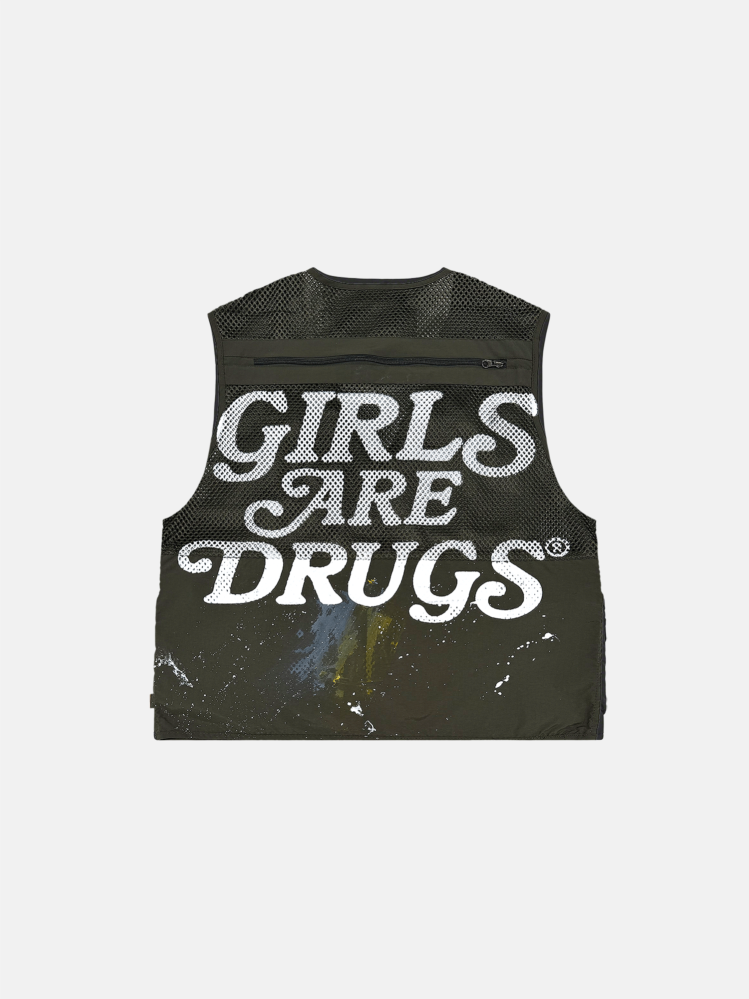 Image of GIRLS ARE DRUGS® PAINT SPLATTER MESH CARGO VEST - ARMY GREEN