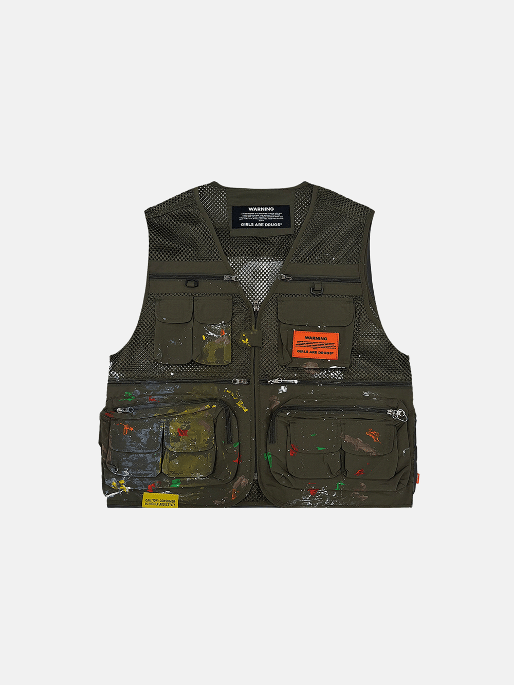 Image of GIRLS ARE DRUGS® PAINT SPLATTER MESH CARGO VEST - ARMY GREEN