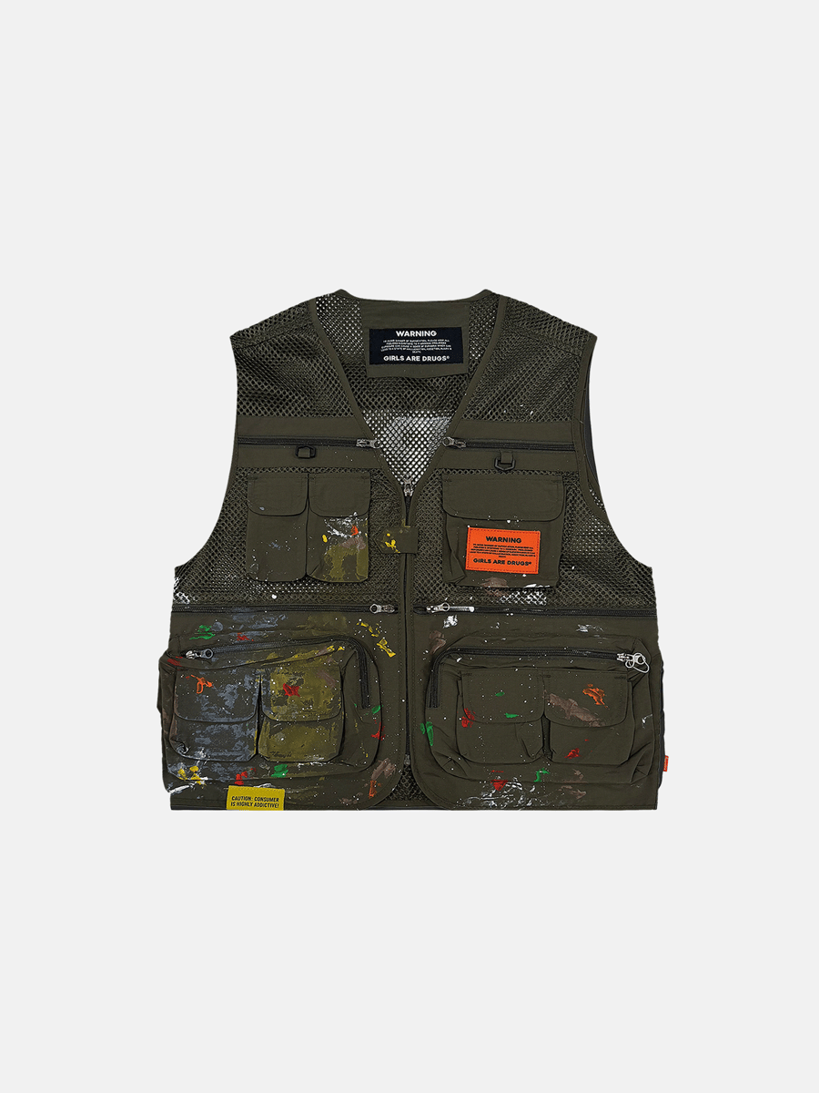 Image of GIRLS ARE DRUGS® PAINT SPLATTER MESH CARGO VEST - ARMY GREEN