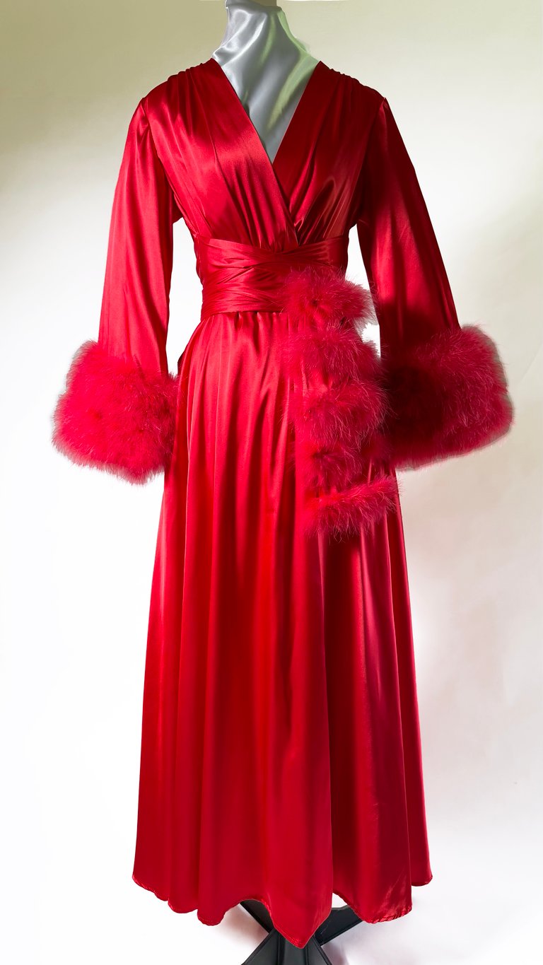 Bright Red Marabou-Cuffed "Beverly" Dressing Gown 