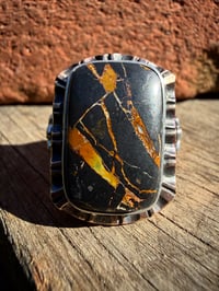 Image 2 of WL&A Old Style Aged Bronze & Sterling Silver Brown Matrix Black Jack Thunderbird Signet - Size 10