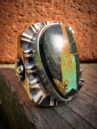 Image 1 of WL&A Old Style Aged Bronze & Sterling Oval Green Matrix Black Jack Thunderbird Signet - Size 10