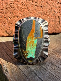Image 2 of WL&A Old Style Aged Bronze & Sterling Oval Green Matrix Black Jack Thunderbird Signet - Size 10