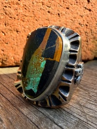 Image 3 of WL&A Old Style Aged Bronze & Sterling Oval Green Matrix Black Jack Thunderbird Signet - Size 10