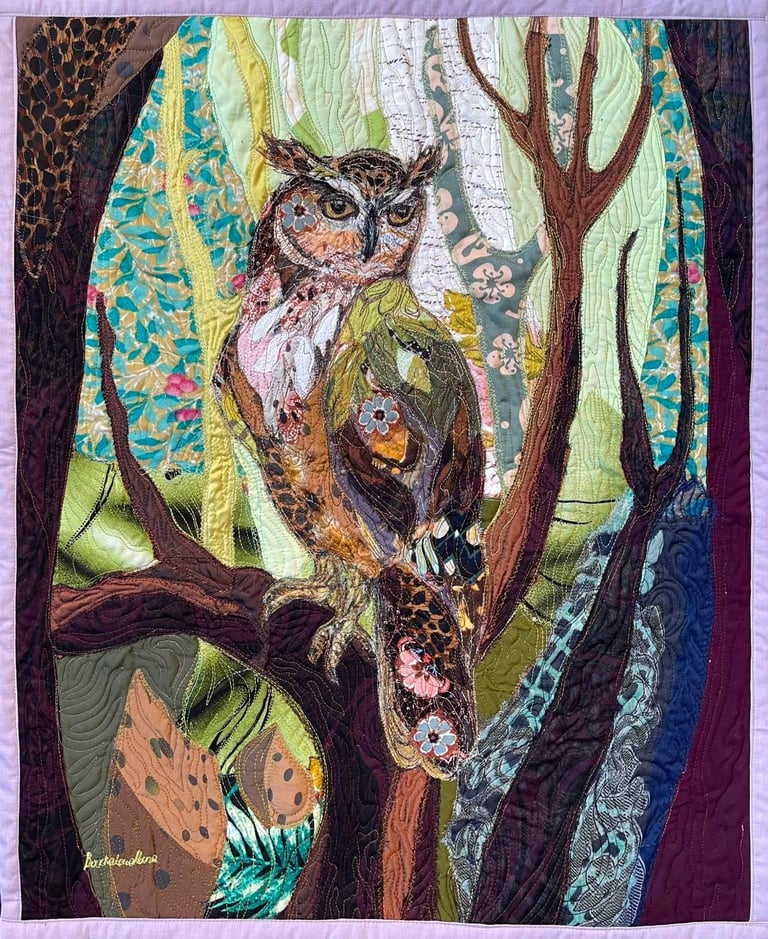 Owl Art Quilt "Forest Guardian" — Textile Wildlife Wall Art, 62x50cm