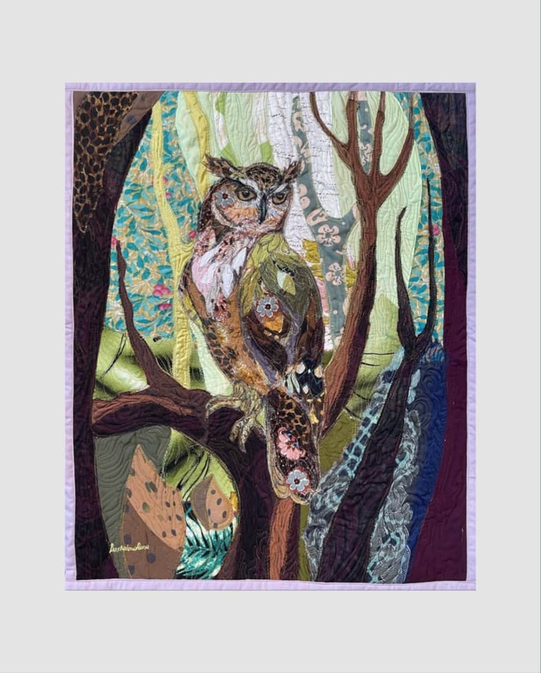 Owl Art Quilt "Forest Guardian" — Textile Wildlife Wall Art, 62x50cm Image 5