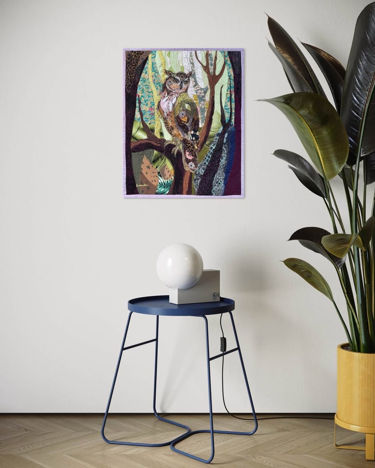 Owl Art Quilt "Forest Guardian" — Textile Wildlife Wall Art, 62x50cm Image 2