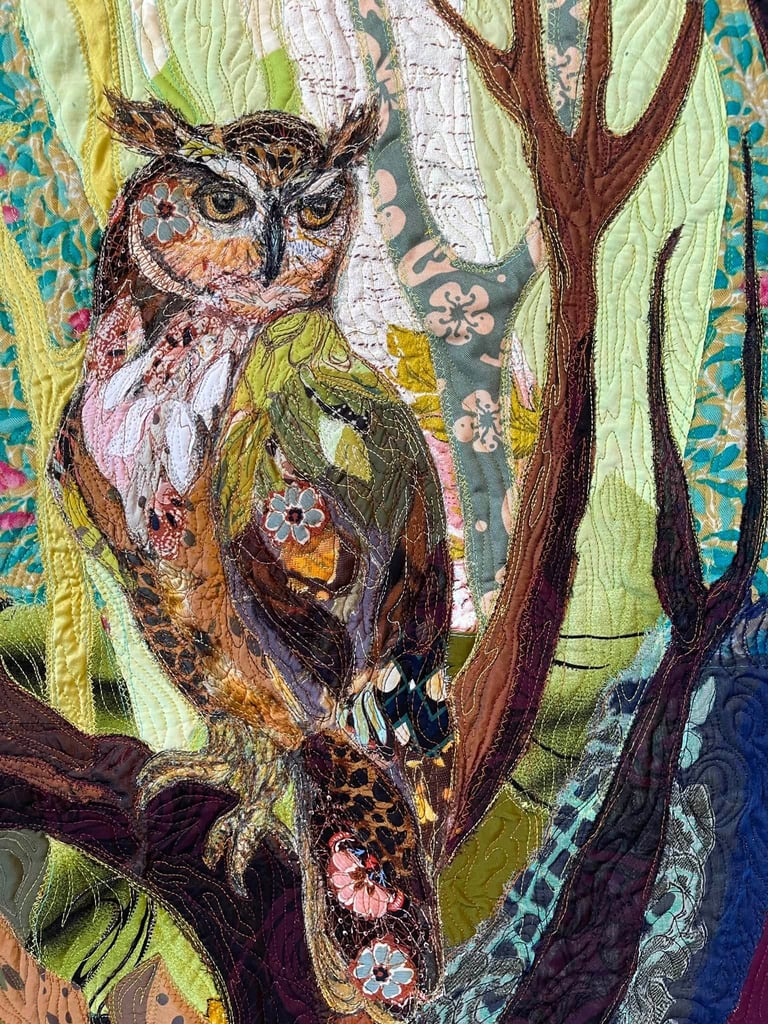 Owl Art Quilt "Forest Guardian" — Textile Wildlife Wall Art, 62x50cm Image 3