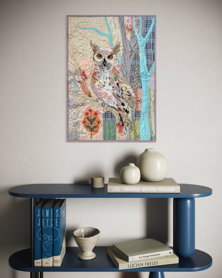 Owl Art Quilt "Light Guardian" — Textile Wildlife Wall Art, 72x53cm