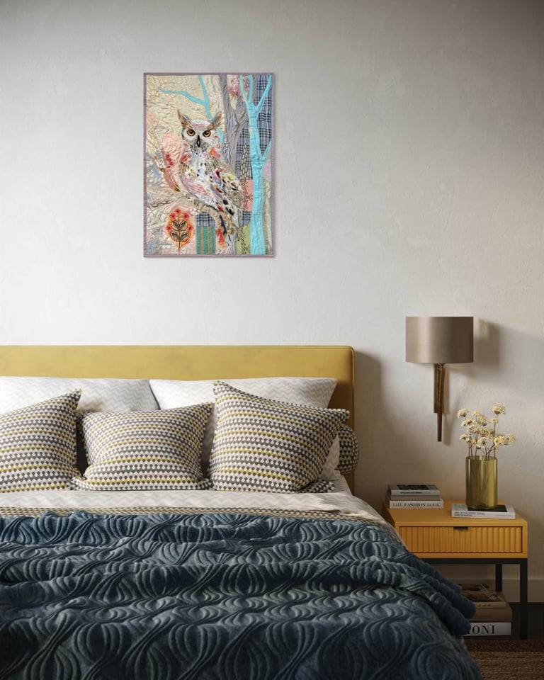 Owl Art Quilt "Light Guardian" — Textile Wildlife Wall Art, 72x53cm Image 3