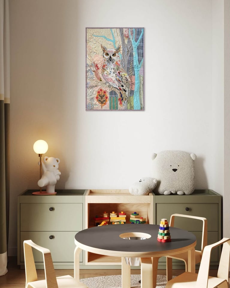 Owl Art Quilt "Light Guardian" — Textile Wildlife Wall Art, 72x53cm Image 6
