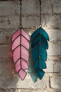 Pink and Teal Stained Glass Feathers 