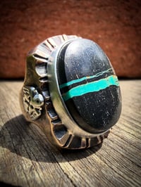 Image 1 of WL&A Old Style Aged Bronze & Sterling Silver Blue Ribbon Black Jack Thunderbird Signet - Size 10