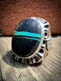 Image 2 of WL&A Old Style Aged Bronze & Sterling Silver Blue Ribbon Black Jack Thunderbird Signet - Size 10