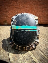 Image 3 of WL&A Old Style Aged Bronze & Sterling Silver Blue Ribbon Black Jack Thunderbird Signet - Size 10