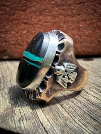 Image 4 of WL&A Old Style Aged Bronze & Sterling Silver Blue Ribbon Black Jack Thunderbird Signet - Size 10
