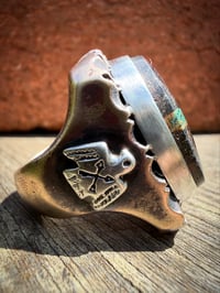 Image 5 of WL&A Old Style Aged Bronze & Sterling Silver Blue Ribbon Black Jack Thunderbird Signet - Size 10