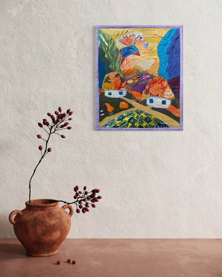 'Fairytale Song' — Colorful and Whimsical Bird Textile Art, 35x29cm