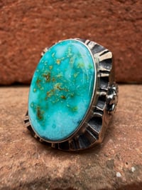 Image 3 of WL&A Old Style Aged Bronze & Sterling Oval Patagonia Turquoise Thunderbird Signet - Size 10