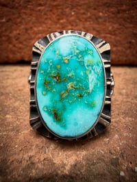 Image 2 of WL&A Old Style Aged Bronze & Sterling Oval Patagonia Turquoise Thunderbird Signet - Size 10