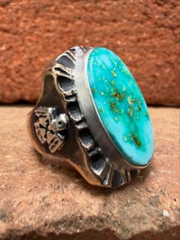 Image 1 of WL&A Old Style Aged Bronze & Sterling Oval Patagonia Turquoise Thunderbird Signet - Size 10