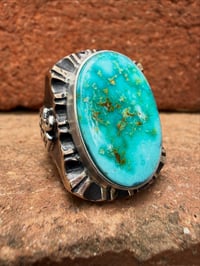 Image 4 of WL&A Old Style Aged Bronze & Sterling Oval Patagonia Turquoise Thunderbird Signet - Size 10