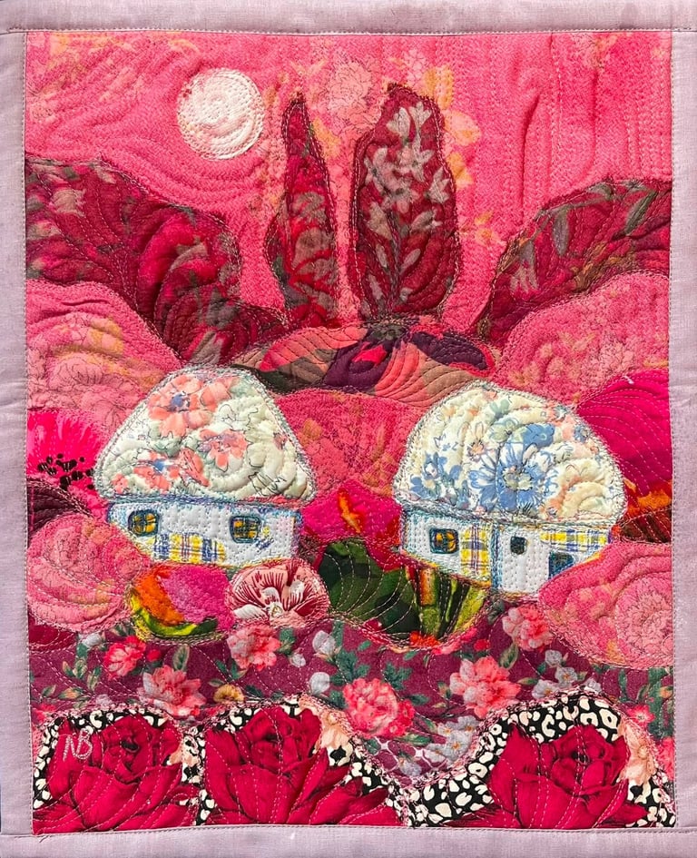 'Dream of a Blooming Day' — Pink Textile Landscape, Floral Village Art, 35x29 Image 2