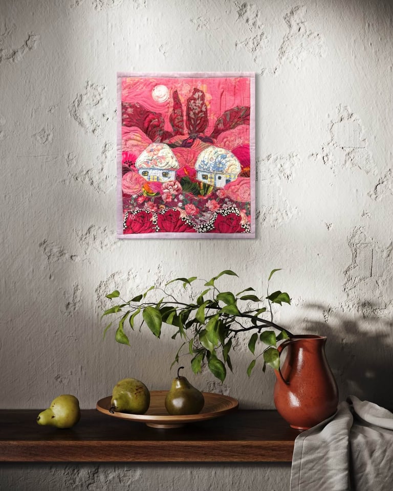 'Dream of a Blooming Day' — Pink Textile Landscape, Floral Village Art, 35x29