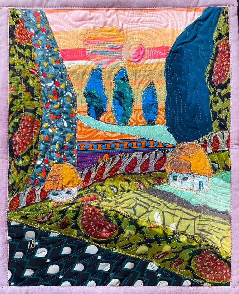 'Beyond the Next Hill' — Textile Landscape Art, Colorful Countryside Decor, 35x5x29,5cm Image 3