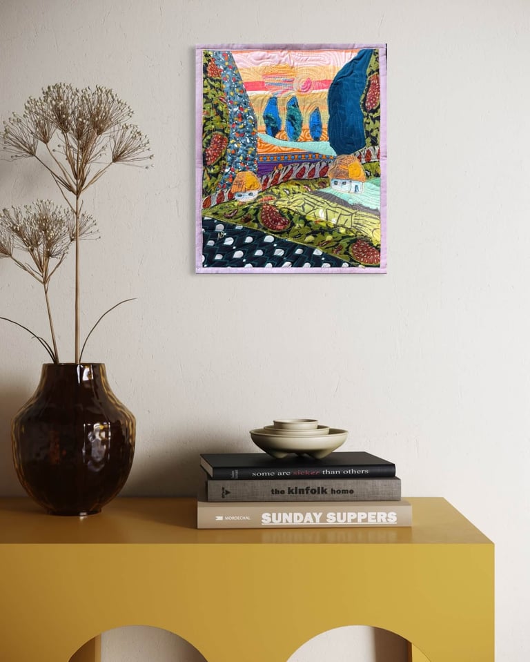 'Beyond the Next Hill' — Textile Landscape Art, Colorful Countryside Decor, 35x5x29,5cm Image 2