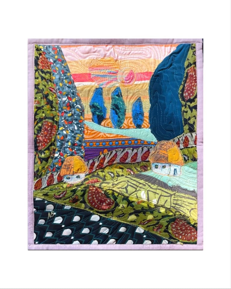 'Beyond the Next Hill' — Textile Landscape Art, Colorful Countryside Decor, 35x5x29,5cm