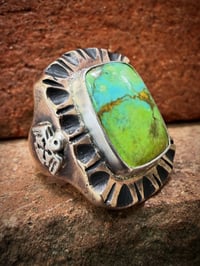 Image 2 of WL&A Old Style Aged Bronze & Sterling Green Patagonia Turquoise Thunderbird Signet - Size 10