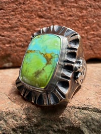 Image 1 of WL&A Old Style Aged Bronze & Sterling Green Patagonia Turquoise Thunderbird Signet - Size 10