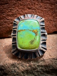 Image 3 of WL&A Old Style Aged Bronze & Sterling Green Patagonia Turquoise Thunderbird Signet - Size 10