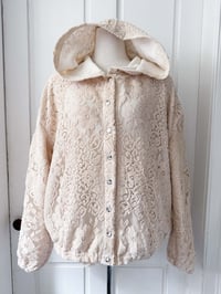 Image 2 of Handmade Upcycled Vintage Lace Hooded Bomber Jacket 