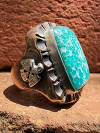 Image 2 of WL&A Old Style Aged Bronze & Sterling Spotted Patagonia Turquoise Thunderbird Signet - Size 10