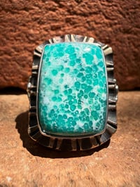 Image 4 of WL&A Old Style Aged Bronze & Sterling Spotted Patagonia Turquoise Thunderbird Signet - Size 10