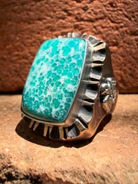Image 1 of WL&A Old Style Aged Bronze & Sterling Spotted Patagonia Turquoise Thunderbird Signet - Size 10